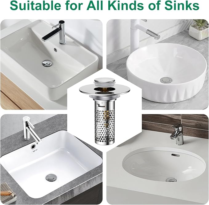 Bathroom Sink Drain Strainer,Universal Pop-Up Sink Stopper Hair Catcher, Anti-Clog Stainless Steel Drain Filter Basket, Removable Sink Drain for Bathroom Sink Stopper (Ysilver-2（with Buckle）)