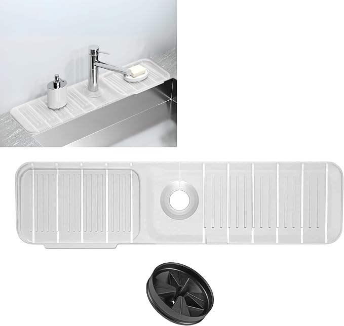 24x5.5 Inch Silicone Faucet Mat for Kitchen Sink - Kitchen Sink Splash Guard with FREE Rubber Drain Insert, Faucet Guard Draining Mat & Sink Water Splash Guard (Transparent)