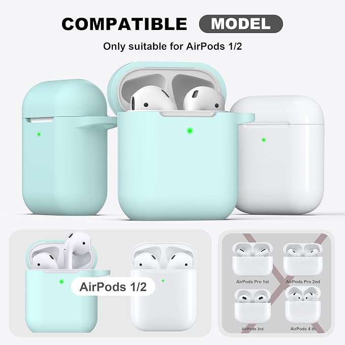 R-fun for AirPods 1/2 Case, Soft Silicone Protective Cover with Keychain and Cleaning Pen, Compatible with AirPods 2nd/1st Generation (2016/2019), Full Drop Protection Cover, Turquoise