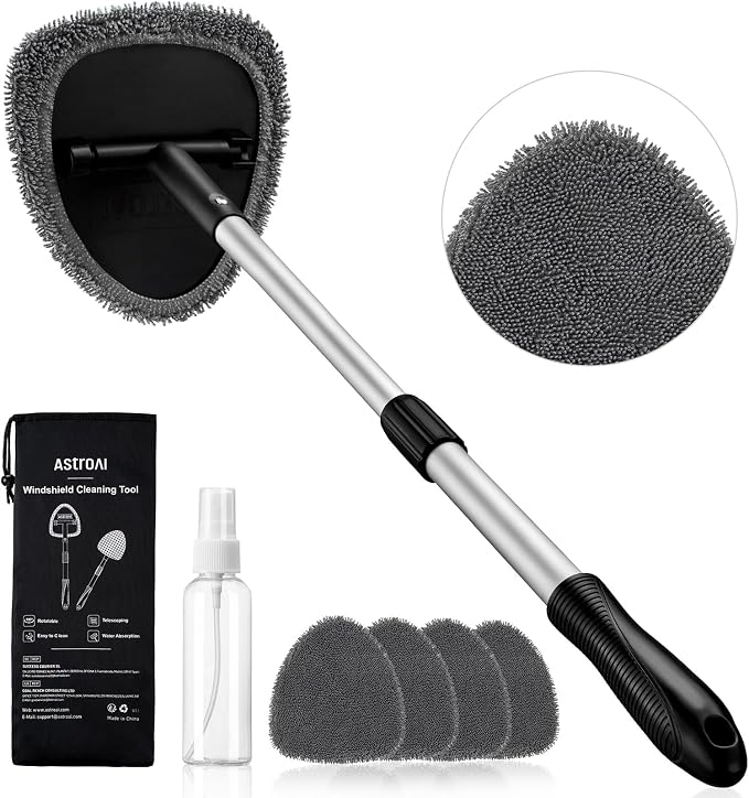 AstroAI 32" Ultra-Long Windshield Cleaner Tool & Car Interior Detailing Kit | Extendable Handle, 4 Reusable Microfiber Pads, Streak & Lint-free, Auto Glass Wiper Brush for Car & Home, Gray