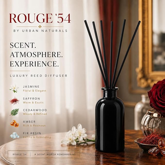 Reed Diffuser Set, Rouge 54 - Bathroom Shelf Décor | Saffron, Jasmine, Amber and Woods, Aromatic Home Fragrance, Made in the USA