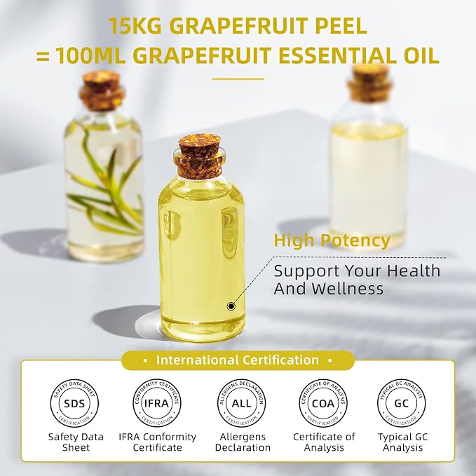 HIQILI Grapefruit Essential Oil for Skin Care, Diffuser & DIY | Large Bottle with Two Travel-Size Vials for Custom Blending and Spa Massage, Refreshing Citrus Scent —500ml / 16 fl oz