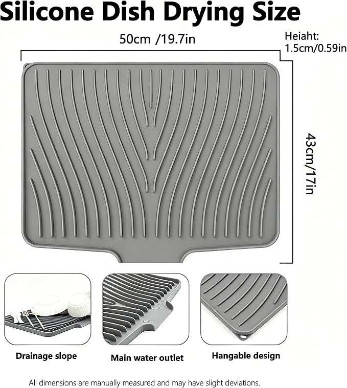 Silicone Dish Drying Mat,Dish Drying Pad,Kitchen Accessories,with Built-In and Non-Slip Drain,Easy Clean, Fit for Kitchen, Bar, RV, Refrigerator and Drawer Liner, 19.7*17 in Grey 1PCS by EBIGIC