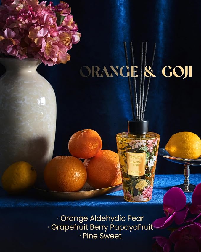 M&SENSE Reed Diffuser Set, Orange Goji, 8.79 oz Natural Essential Oil | Non-Toxic Organic, Long-Lasting Fragrance, Ideal for Living Room, Kitchen, Gifts for Women