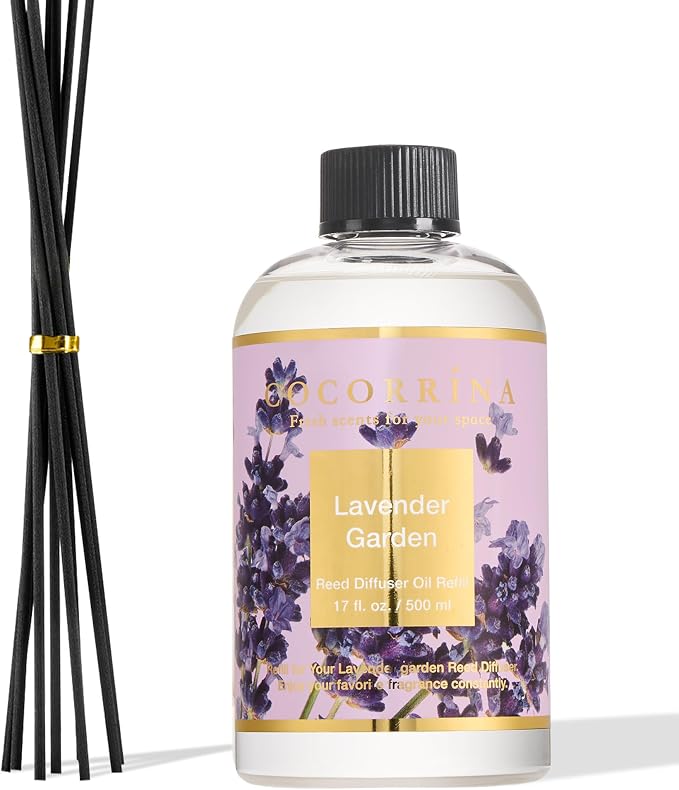 Reed Diffuser Refill Lavender Garden 17oz (500ml) with 8 Rattan Sticks - Premium Long-Lasting Scented Oil, Home Fragrance for Bedroom, Bathroom Home Decor