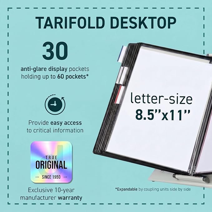 Tarifold Desktop Reference Display System, 30 Pockets, Expandable, Black | 30 double-sided PVC pockets, holds 60 letter-size sheets, sturdy metal base, quick-find indexing, quick and easy to assemble
