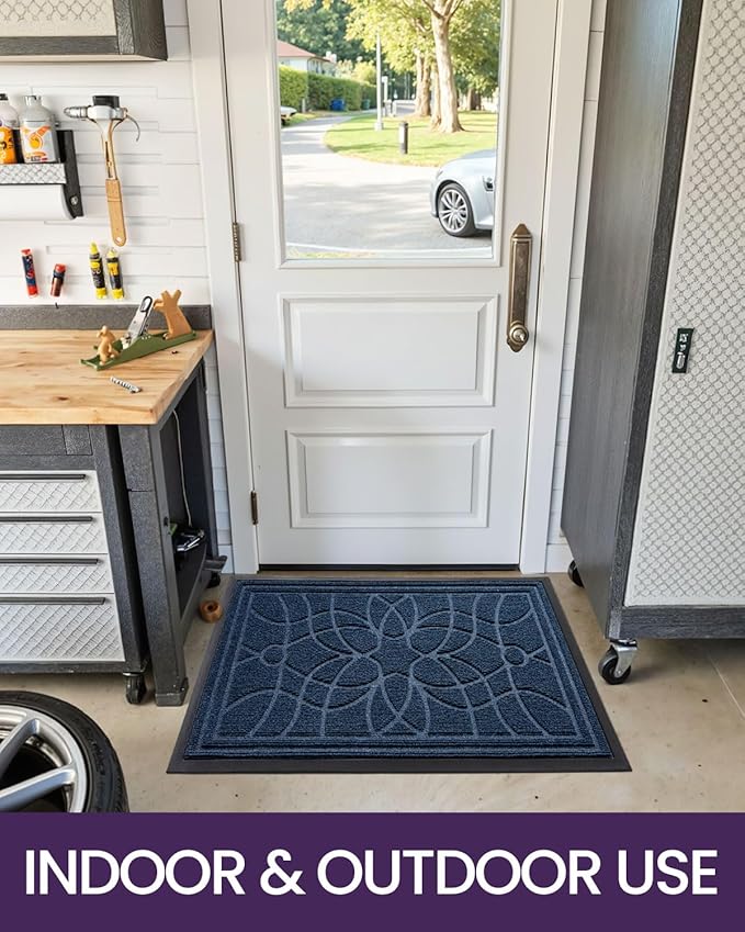 DEXI Front Door Mat Outside Entrance, Heavy Duty Non Slip Low Profile Doormat for Entryway, Trap Dirt and Moisture Welcome Mats, Easy Clean, Patio, Garage, 17x29, Blue