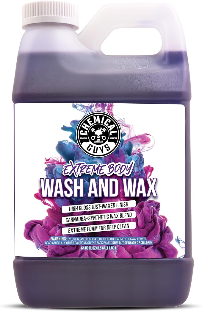 Chemical Guys Extreme Bodywash & Wax Car Wash Soap, 64 oz | Thick clinging foam in cannons, guns or buckets, carnauba adds gloss, gentle on wax and sealant, grape scent