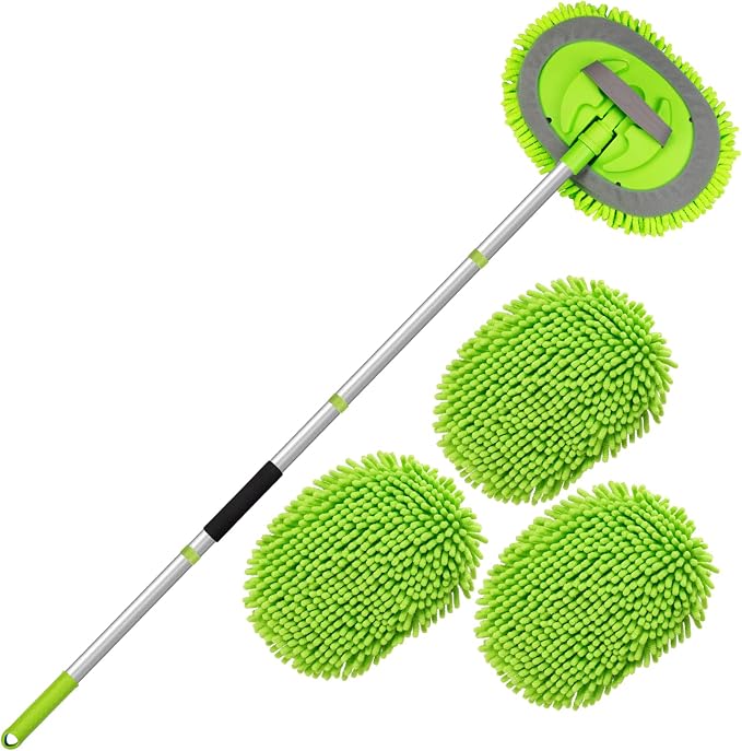62" Car Wash Brush kit with Long Handle & 3 Scratch-Free Refill Mitt | Chenille Microfiber Car Washing Mop Head, Car Wash Stick, Car Brush Clean Kit, Car Cleaning Supplies for RV Truck Boat, Green