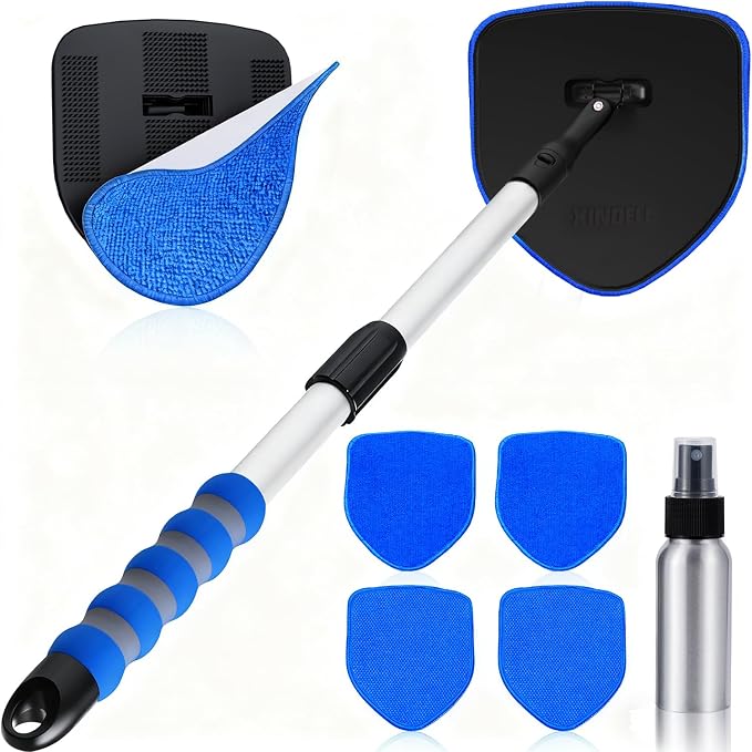 XINDELL Interior Windshield Cleaner Tool, Car Window Cleaning Kit with 5 Reusable Microfiber Pads, Extendable Handle & 360° Rotating Head, Streak-Free Auto Glass Wiper for Truck SUV RV