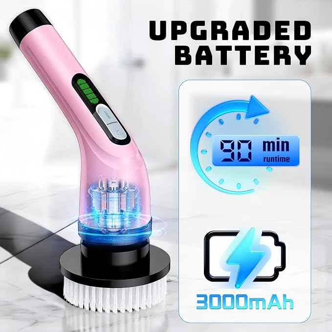 Highyes Electric Spin Scrubber for Bathroom, Upgrated Powerful IPX7 Waterproof Shower Scrubber with Extendable Long Handle A10D (Pink) | IPX7 Waterproof Shower Scrubber with Extendable Long Handle，Bathroom Cleaning Scrubber with 7 Reusable Brush Heads