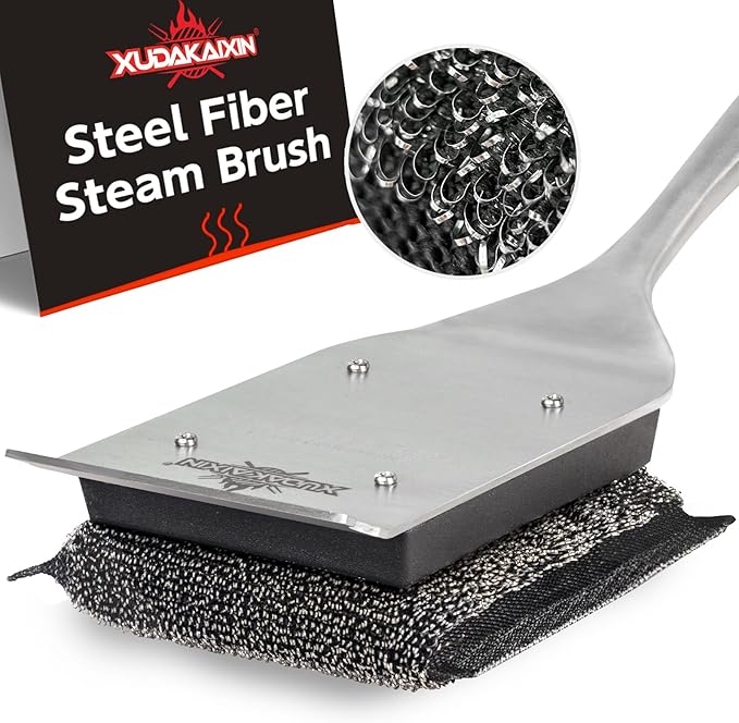 XUDKAKAIXIN Grill Brush Bristle Free,No Bristle Shedding,with Replacement Head,Unique Steel Fibers Pad Perfect for Cast Iron/Stainless-Steel Grates-,Grill Cleaner for Outdoor Gril