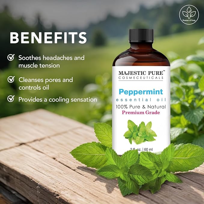 Majestic Pure Peppermint Essential Oil for Diffuser - 2 Fl Oz | 100% Natural Essentials Oils for Aromatherapy, Massage, Steam inhalation, Air Freshening, DIY, Soap and Candle Making