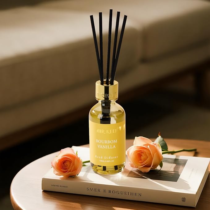 Reed Diffuser Set, 3.38 fl oz (100 ml) - Bourbom Vanilla Oil Diffusers with 8 Reed Sticks, Home Fragrance Reed Diffuser for Bathroom Shelf Decor