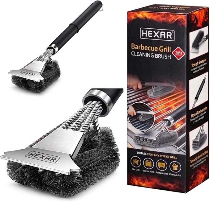 HEXAR® Grill Brush – BBQ Cleaning Scraper for Outdoor, Weber Cleaner Kit Grilling Tools, Barbecue Metal Rescue Brushes, Scrubber Stainless Steel Bristles, Charcoal Accessory Barbecue Accessories