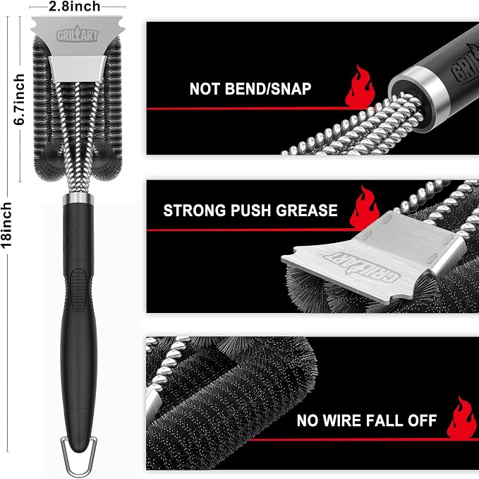 GRILLART Grill Brush, 18'' Extra-Strong Handle, BBQ Cleaner with Scraper | Remove Tough Grime, Triple Safe Wire Bristle Scrubbers, for Gas, Charcoal & Smoker, Steel Grates, 360°Wizard Cleaning