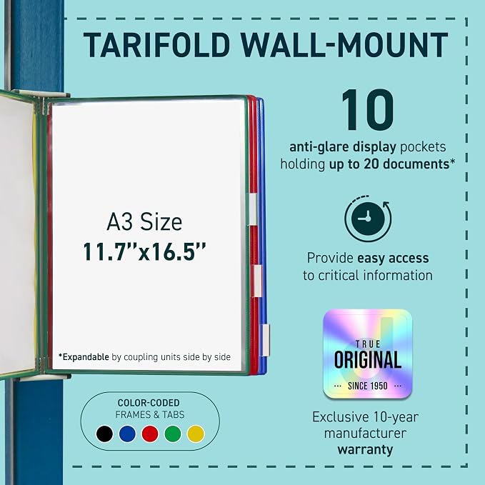 Tarifold Wall Mount Reference System, 10 Pockets, A3 Size, Assorted Colors | 10 double-sided PVC pockets hold 20 A3 sheets, sturdy wall-mount bracket, snap-on index tabs, easy to install