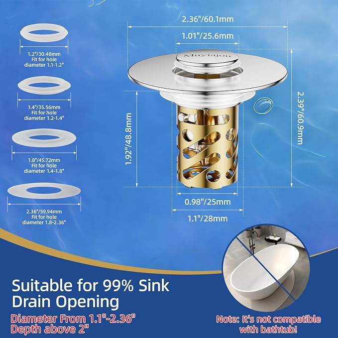 3-in-1 Universal Sink Drain Strainer,Muyiajou Pop Up Stopper with Hair Catcher, Stainless Steel Replacement Plug with Removable Filter Basket for 1.1" to 2.36" Bathroom Sink Basin (1, Gold)