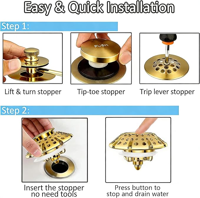 AzWzz Bathtub Drain Stopper, Pop Up Tub Stopper Plug with Bathtub Drain Hair Catcher Cover, Universal for 1.45 in to 1.8 in Tub Drain, Brushed Gold