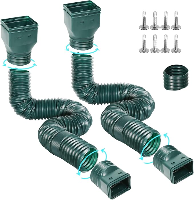 Gutterlix Flexible Gutter Downspout Extensions, Connectable Downspout Extender with 58"+ 67" Extendable Pipe, Thickened Down spout Drain Extension for Rainwater Drainage(2 Pack, Green)