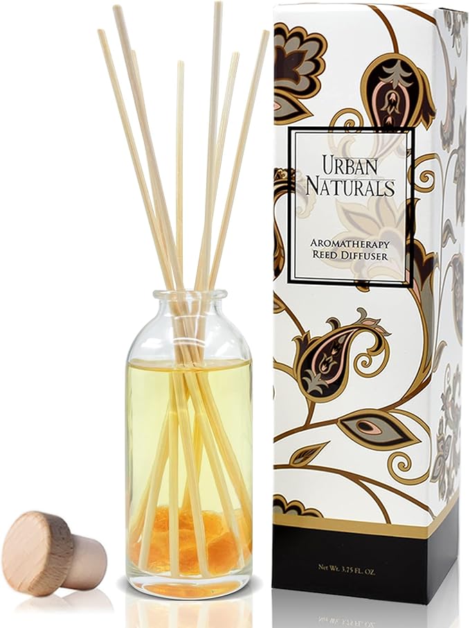 Reed Diffuser Set, Sensual Amber Blossoms - Bathroom Décor | Made with Essential Oils & Real Botanicals, Sweet Amber, Night Blooming Jasmine, Sandalwood, Bergamot, Vanilla & Musk