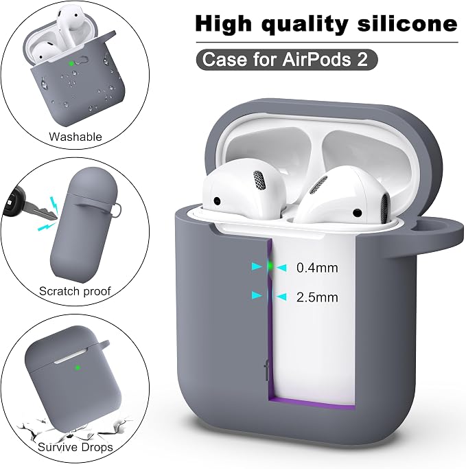 R-fun for AirPods 1/2 Case, Soft Silicone Protective Cover with Keychain and Cleaning Pen, Compatible with AirPods 2nd/1st Generation (2016/2019), Full Drop Protection Cover, Dark Gray