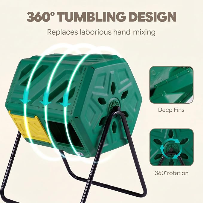 Werph 43 Gal Dual Chamber Compost Bin Tumbler for Backyard Garden, Green | Dual-chamber Design, 360° Rotating Tumbling, BPA-free Materials, Pre-assembled Parts, for Garden, Kitchen & Yard Waste