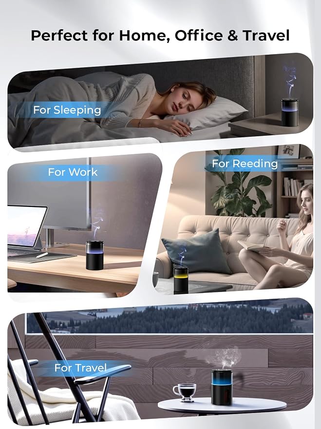 Waterless Essential Oil Diffuser: 𝟗-𝐂𝐨𝐥𝐨𝐫 𝐋𝐄𝐃 for Home | Portable Scent Diffuser - No Water No Heat For Pure Aroma - 48H Battery 3 Mist Levels & 4 Timers for Car Office