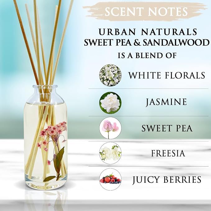 Reed Diffuser Set, Sweet Pea & Sandalwood - Bathroom Décor | Made with Essential Oils & Real Botanicals, White Florals, Jasmine, Juicy Berries & Sandalwood, Made in the USA