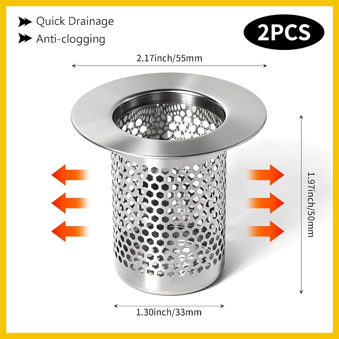 Bathroom Sink Drain Strainer, 304 Stainless Steel Hair Catcher for Bathtub Shower Floor Drain, Bathtub Drain Cover Strainer Basket Fit 1.3" to 2.17" Drain Hole (2PCS)