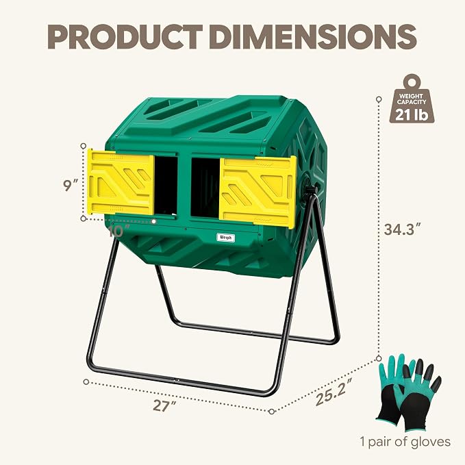 Werph 43 Gal Dual Chamber Compost Bin Tumbler for Backyard Garden, Green | Dual-chamber Design, 360° Rotating Tumbling, BPA-free Materials, Pre-assembled Parts, for Garden, Kitchen & Yard Waste