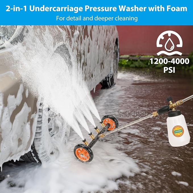 2-in-1 16’’ Undercarriage 4000 PSI Pressure Washer Water Broom with Bottle | Universal Car Pressure Washer with 8 Replaceable Nozzles/Foam Washer/Mitten, Surface Cleaner for Car Wash, Driveway, Sidewalk