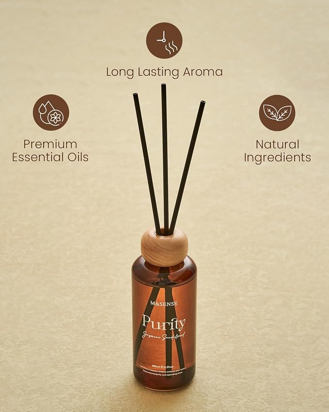 M&SENSE Reed Diffuser, Jasmine Sandalwood, 6.3 oz Natural Essential Oil | Non-Toxic Organic, Long-Lasting Fragrance, Ideal for Living Room, Bedroom, Gifts for Women