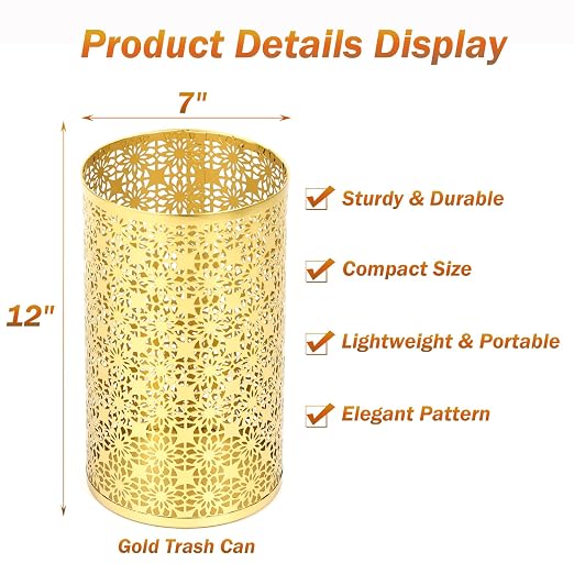 Small Gold Trash Can, Decorative Floral Waste Basket with Perforated Design, Elegant Gold Garbage Can for Bathroom, Bedroom, Office and Kitchen, 7" W X 7" L X 12" H