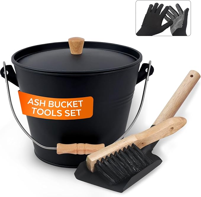 Small Ash Bucket with Lid and Shovel, Metal Fireplace Ash Bucket with Broom, Complete Fireplace Tools Set for Wood Stove and Fireplace, Black