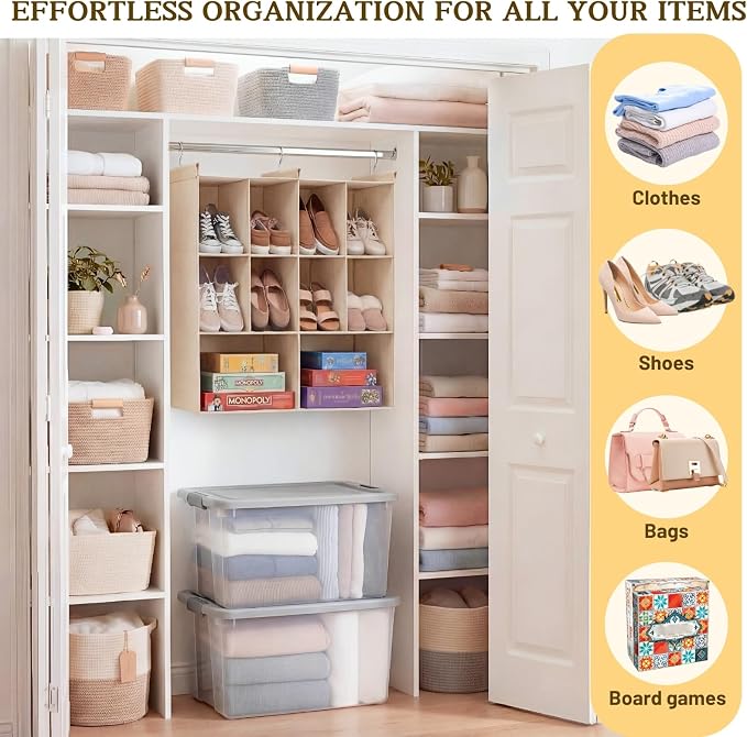 3 Tier Hanging Closet Organizer, 10 Compartments Dual Row Storage, Beige | Closet Organizers and Storage with Large & Small Pockets, 3 Sturdy Hooks Support Heavy Loads, for Dorm, RV, Garment Rack