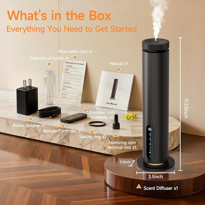 Waterless Essential Oil Diffuser, 1000 Sq.Ft Coverage, Smart App & Remote Control Scent Machine, 3 Color Ambient Lights, Adjustable Mist, Quiet Aromatherapy Diffuser for Home Large Room Hotel, Black
