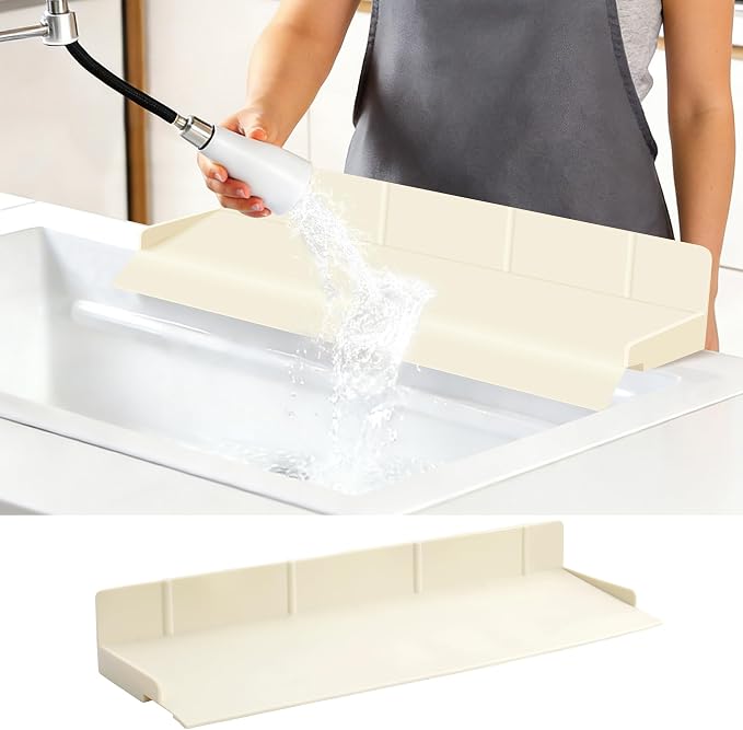 Full-Coverage Sink Splash Guard – 22.8 Inch Extra-High Ramp with Super Strong Suction Cups, Silicone Sink Splash Guard with Front-Edge Storage for Kitchen (White, 22.8''x4''x2.8'')