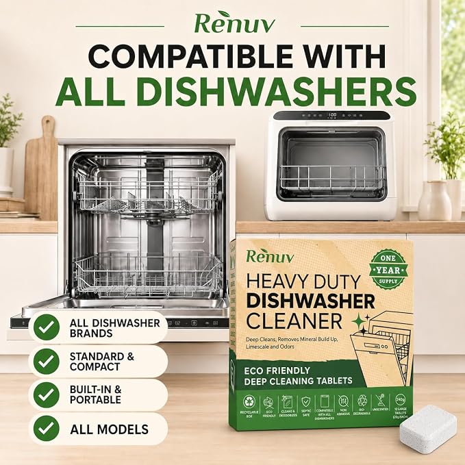 Renuv® Dishwasher Cleaner + Garbage Disposal Cleaner, 12 Tablets Each | Heavy Duty Kitchen Appliance, Deep Cleaning, Descaling and Deodorizing
