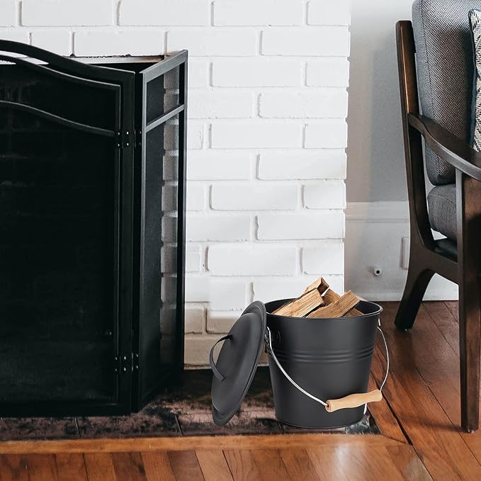 Mini Ash Bucket with Lid, Fireplace Ash Bucket - Black | 1.5-Gallon Ash Bucket With Lid and Shovel and Hand Broom, Metal Ash Bucket for Fireplace, Fire Pit, Wood Stove