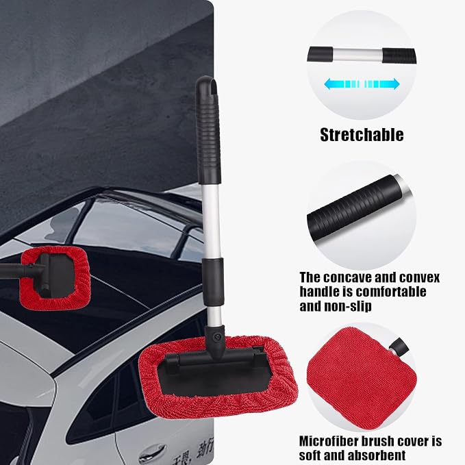 Car Glass Cleaner Wiper,Windshield Cleaning Tool, Microfiber Window Cleaner with Extendable Handle,Auto Glass Wiper Kit(Red Square)