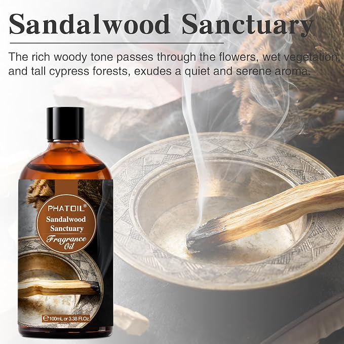 PHATOIL 3.38FL.OZ Sandalwood Sanctuary Fragrance Oils for Aromatherapy, Essential Oils for Diffusers for Home, Perfect for Diffuser, Yoga, Skin Care, DIY Candle and Soap Making - 100ml | Long Lasting Scented Oils For Humidifier, Air Freshener, DIY Soap...