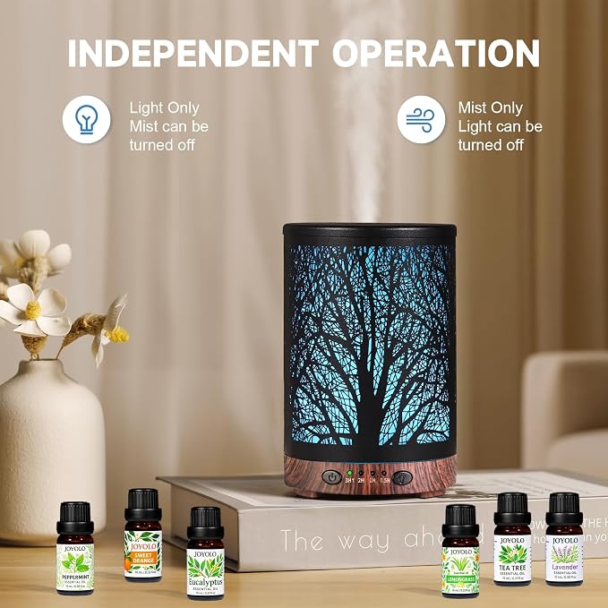 Oil Diffuser with Essential Oils Set, Aromatherapy Diffuser with 7 Color Lights and Auto Shut-Off, Cool Mist Diffuser with 6 Oils Gift Pack for Home Office (Tree with Oils)