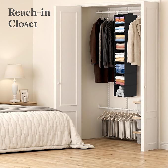 Lifewit 8 Tier Hanging Portable Closet Storage Organizer for Shelves, Gray | Foldable Clothes Shelf with 2 Sturdy Hooks, Sweater/Coat/Shoes Clothing Organization for Wardrobe, Dorm, Bedroom