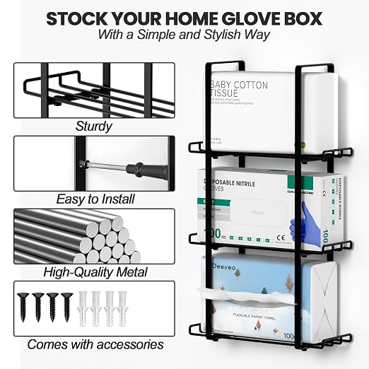 Glove Holder Dispenser for Wall Mount Metal Disposable Latex Glove Box Holder for Home Office, Lab and Garage, Tissue Wire Rack Wall-Mounted for Kitchen Organizer Decor, Blak