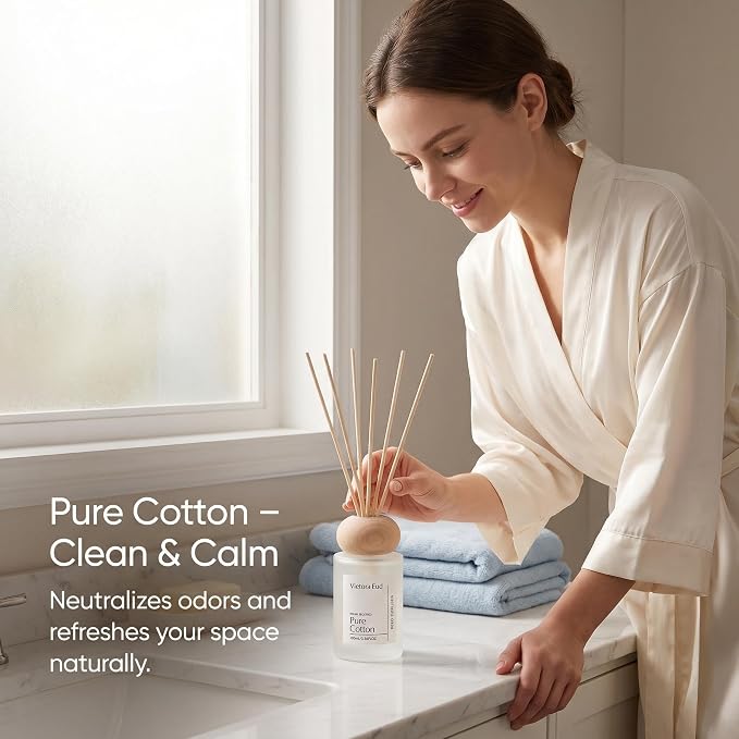 Pure Cotton Reed Diffuser, 3.5 Fl Oz | Clean Cotton Aroma. Long-lasting Fragrance for 12 Weeks, Flameless, Perfect for Bedroom or Office,Kid&Pet Friendly