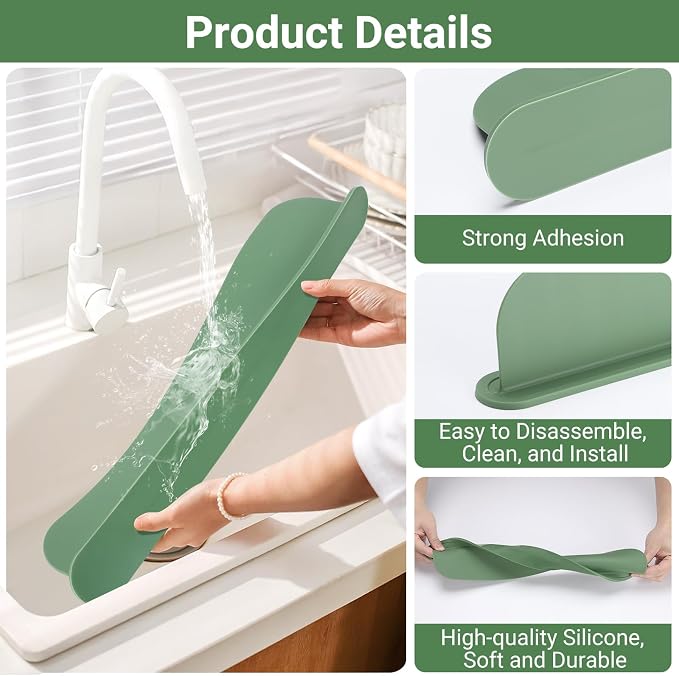19.3 inch Silicone Sink Splash Guard, Splash Guard for Kitchen Sink Area, Backsplash Protector for Kitchen Countertop & Bathroom Bathtub with Non-Slip Strong Suction, Sage Green