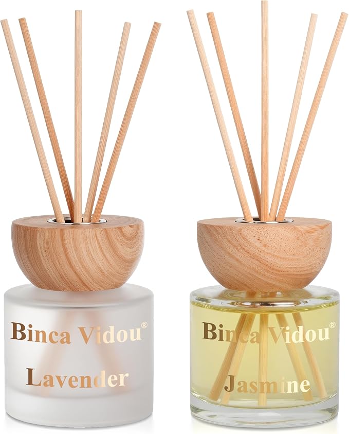 Reed Diffuser Set, Binca Vidou Lavender & Jasmine Natural Scent Oil Diffusers with Sticks for Home Office Bathroom Aromatherapy Decor 3.38oz x 2