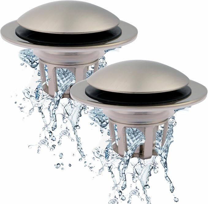 WELSAN Brushed Nickel Sink Stopper Bathroom Drain 1 1/8"-1 1/2", 2 Pack | Bathroom Sink Stopper Replacement, Universal Pop-Up Drain Stopper Plug Strainer with Hair Catcher, Anti-Clogging Design