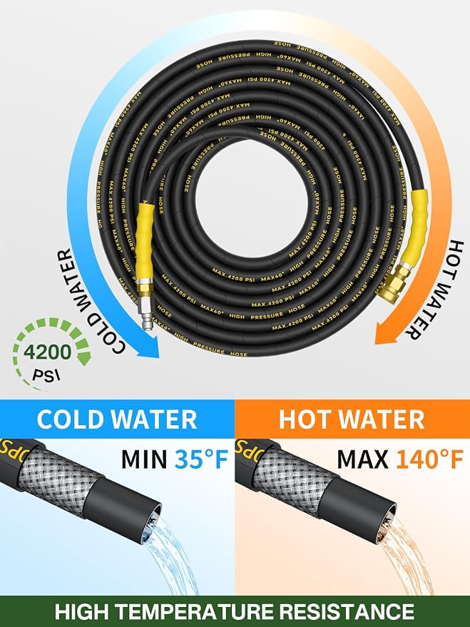 4200PSI Pressure Washer Hose 75FT with 3/8" Swivel Quick Connect for Cold/Hot Water, Kink Resistant Steel Wire Braided,1/4" Wear Resistant Power Washer Hose with 2 M22 14mm Adapter Set